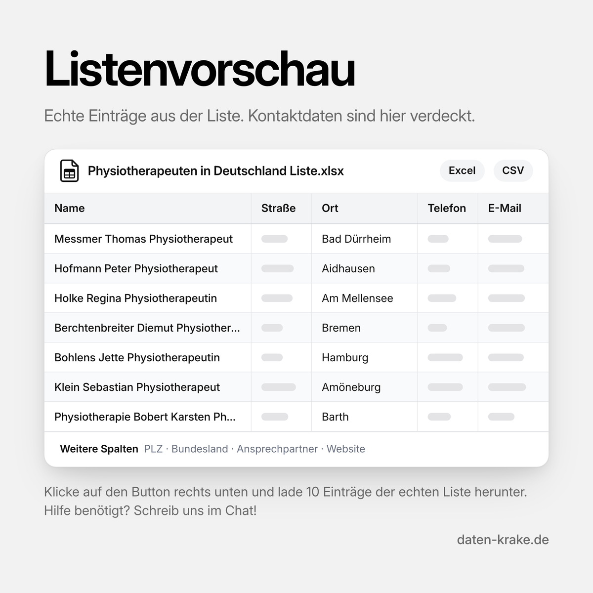 Listenvorschau der Physiotherapeuten in Deutschland Liste mit echten Einträgen