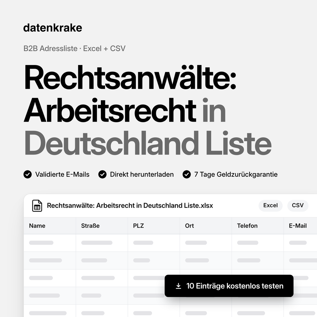 Rechtsanwälte: Arbeitsrecht in Deutschland Liste – B2B Adressliste als Excel und CSV