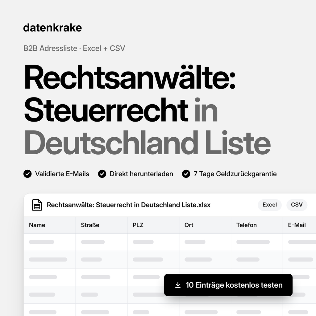 Rechtsanwälte: Steuerrecht in Deutschland Liste – B2B Adressliste als Excel und CSV