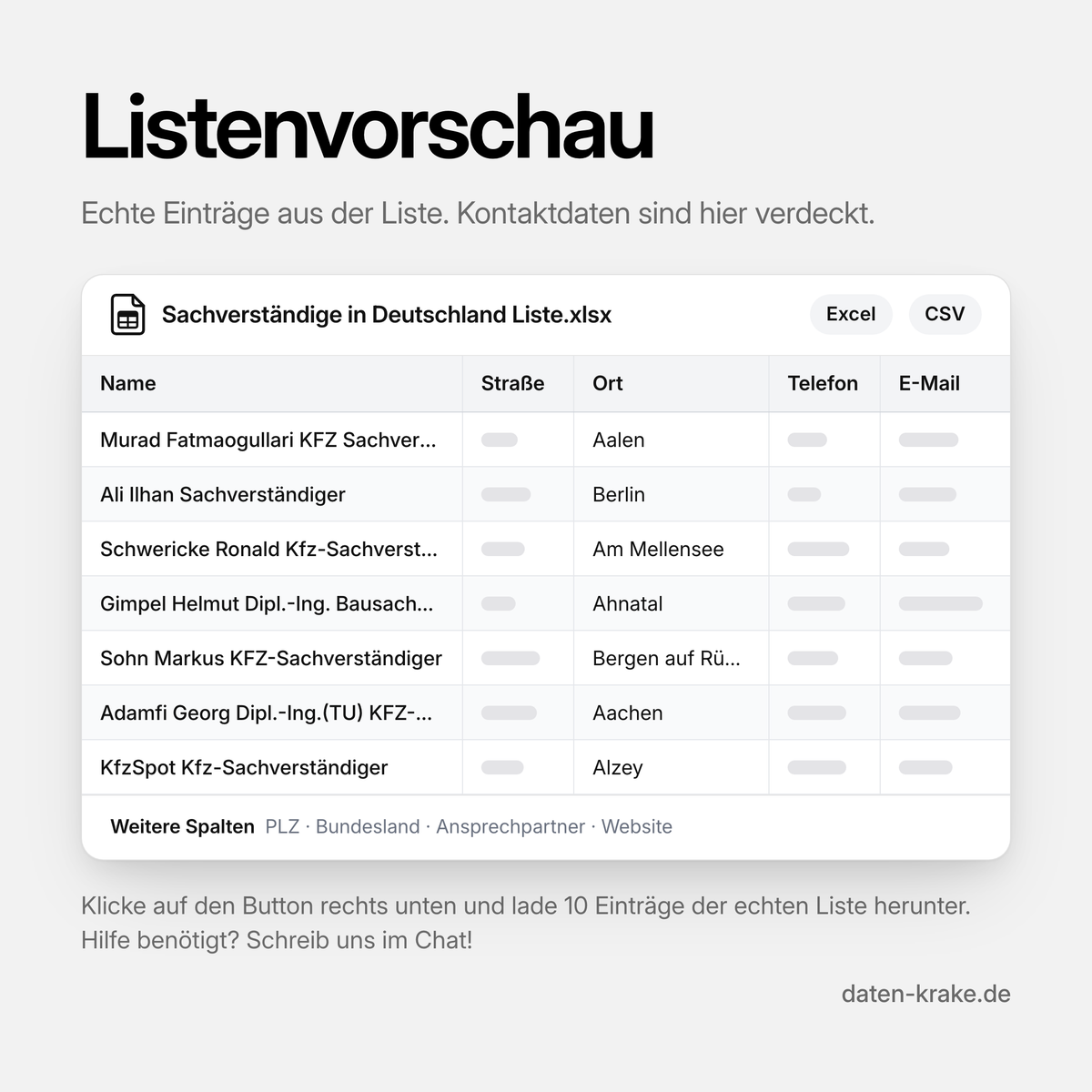 Listenvorschau der Sachverständige in Deutschland Liste mit echten Einträgen