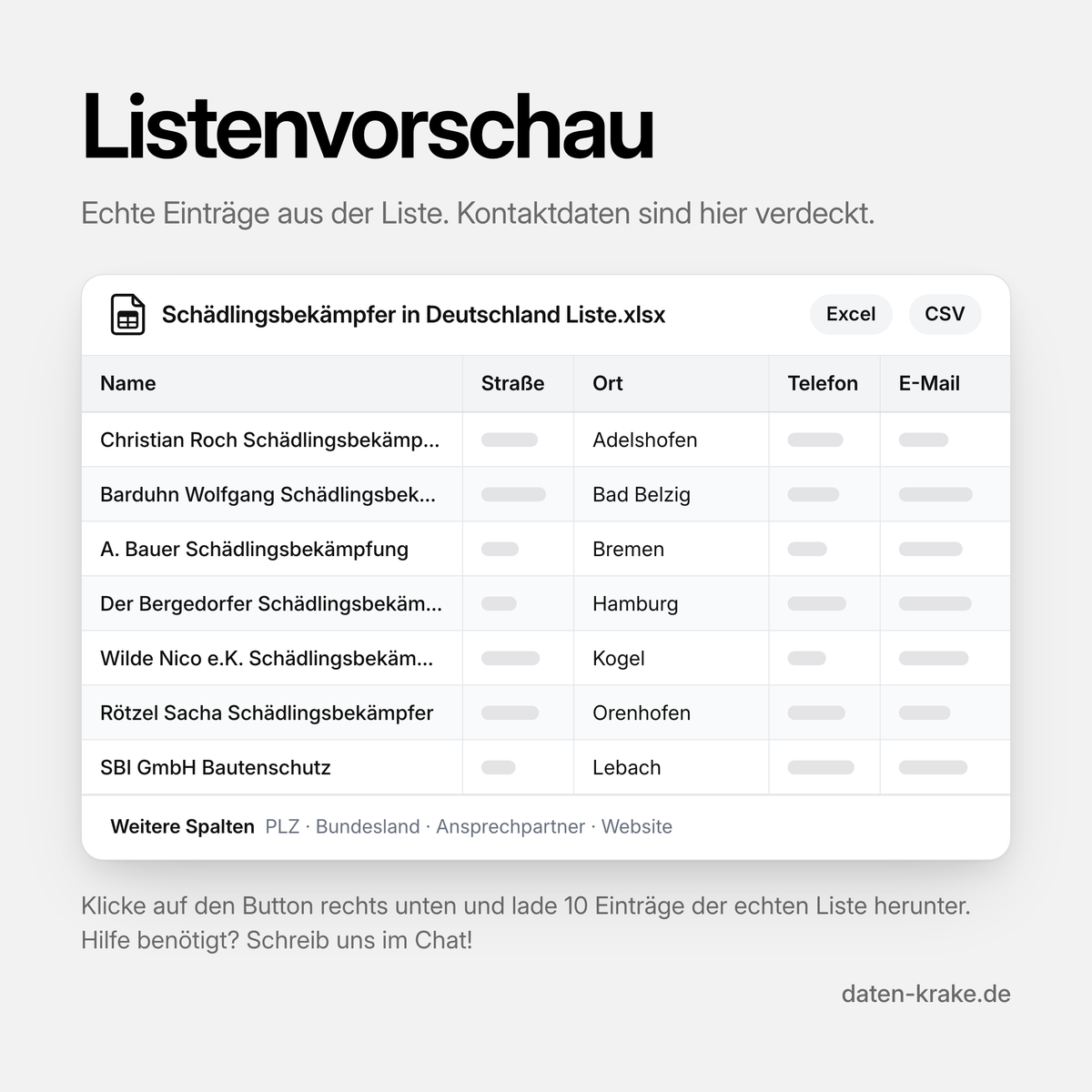 Listenvorschau der Schädlingsbekämpfer in Deutschland Liste mit echten Einträgen