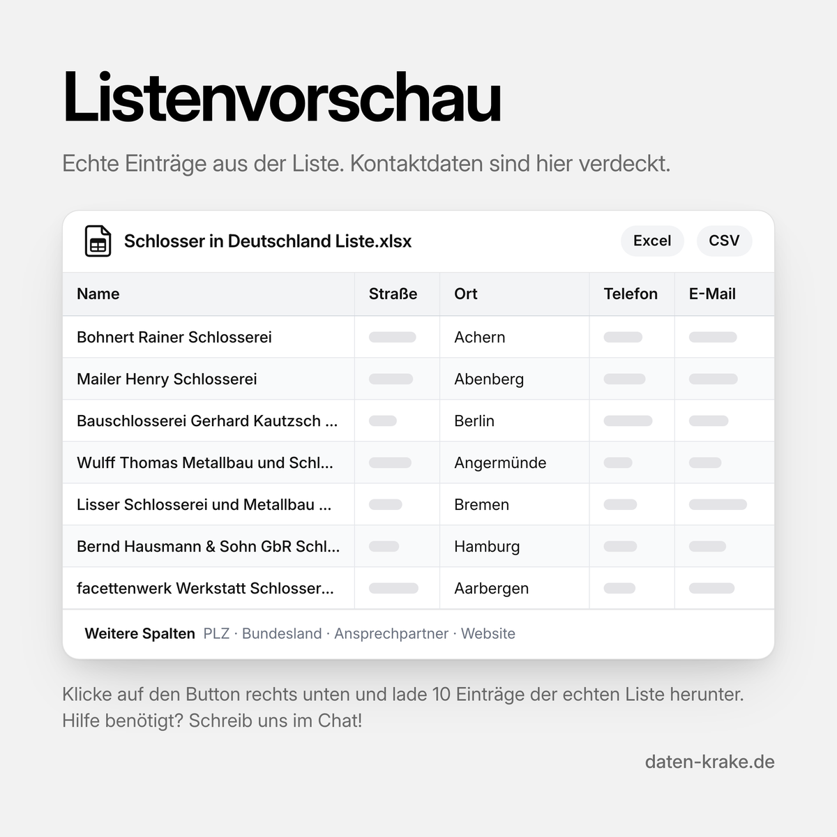 Listenvorschau der Schlosser in Deutschland Liste mit echten Einträgen