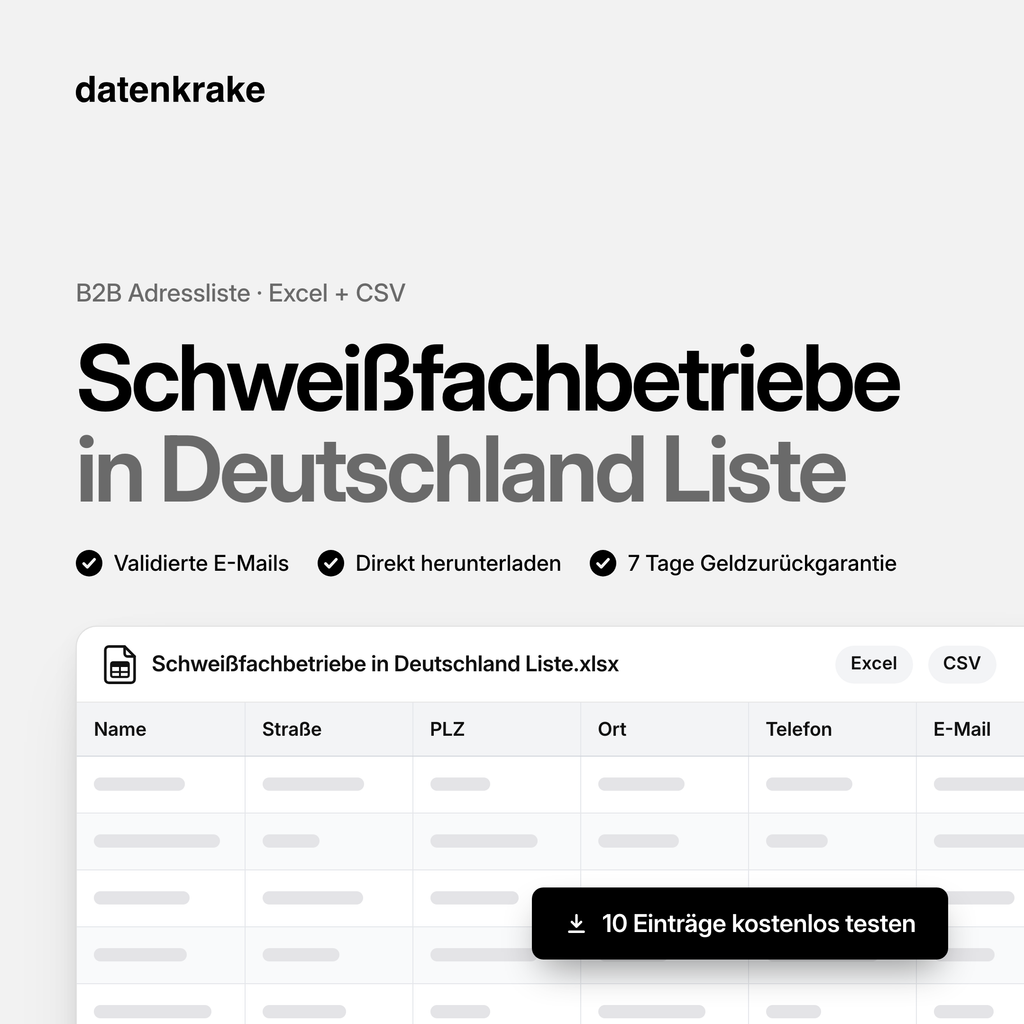 Schweißfachbetriebe in Deutschland Liste – B2B Adressliste als Excel und CSV