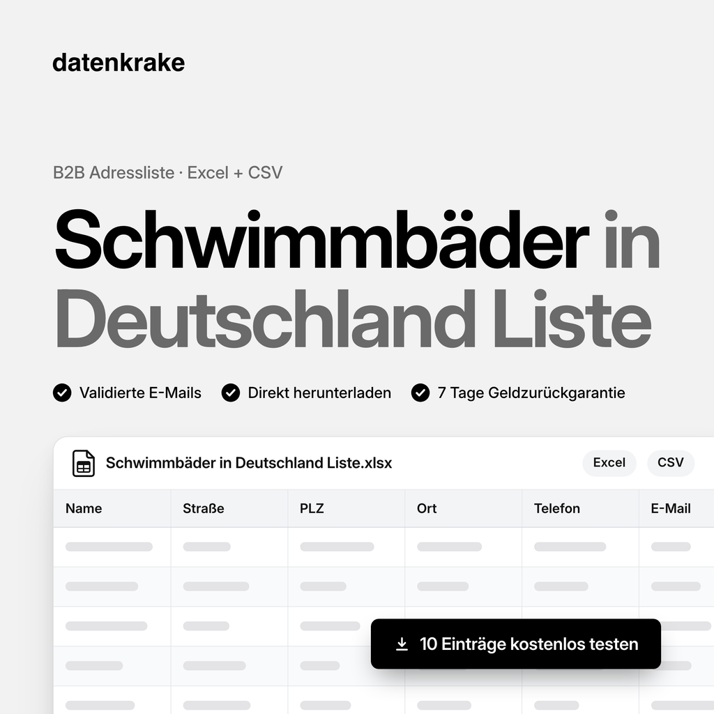 Schwimmbäder in Deutschland Liste – B2B Adressliste als Excel und CSV
