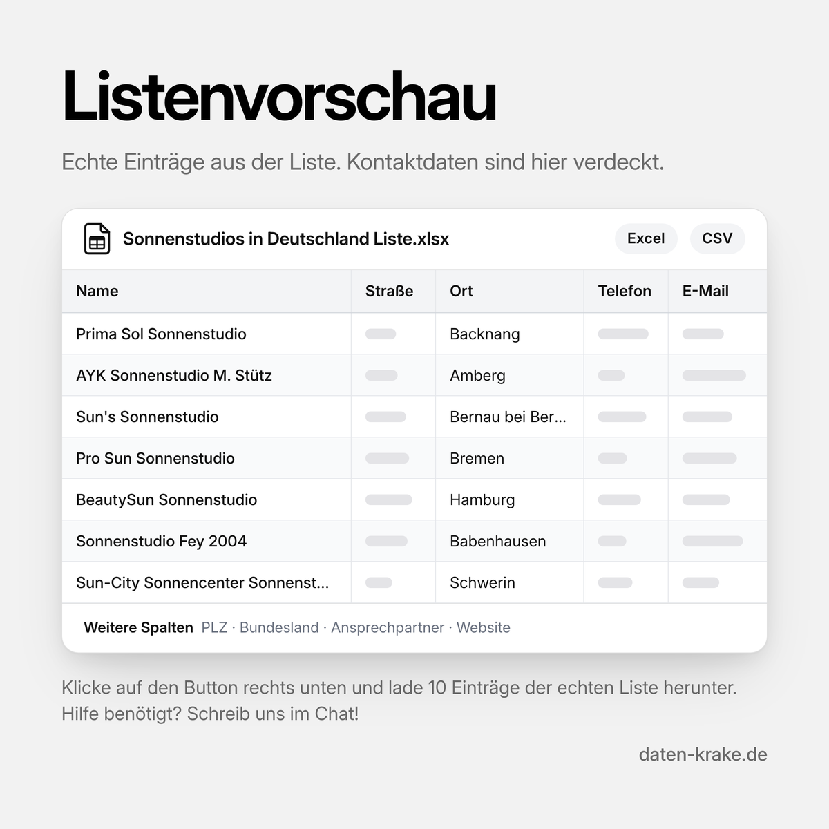 Listenvorschau der Sonnenstudios in Deutschland Liste mit echten Einträgen