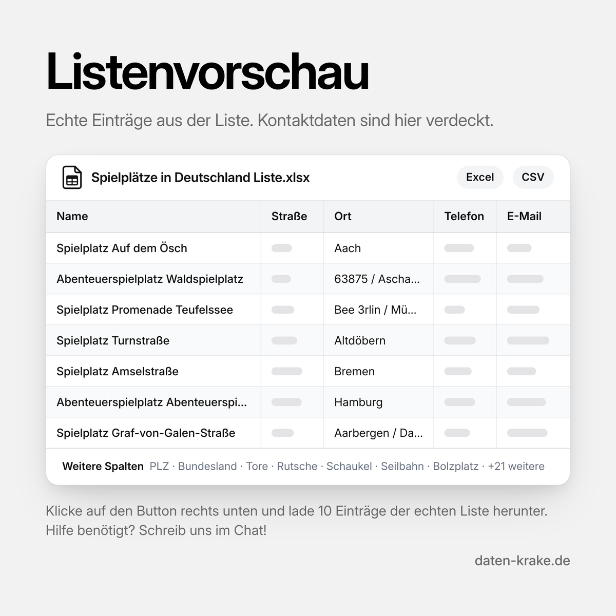 Listenvorschau der Spielplätze in Deutschland Liste mit echten Einträgen