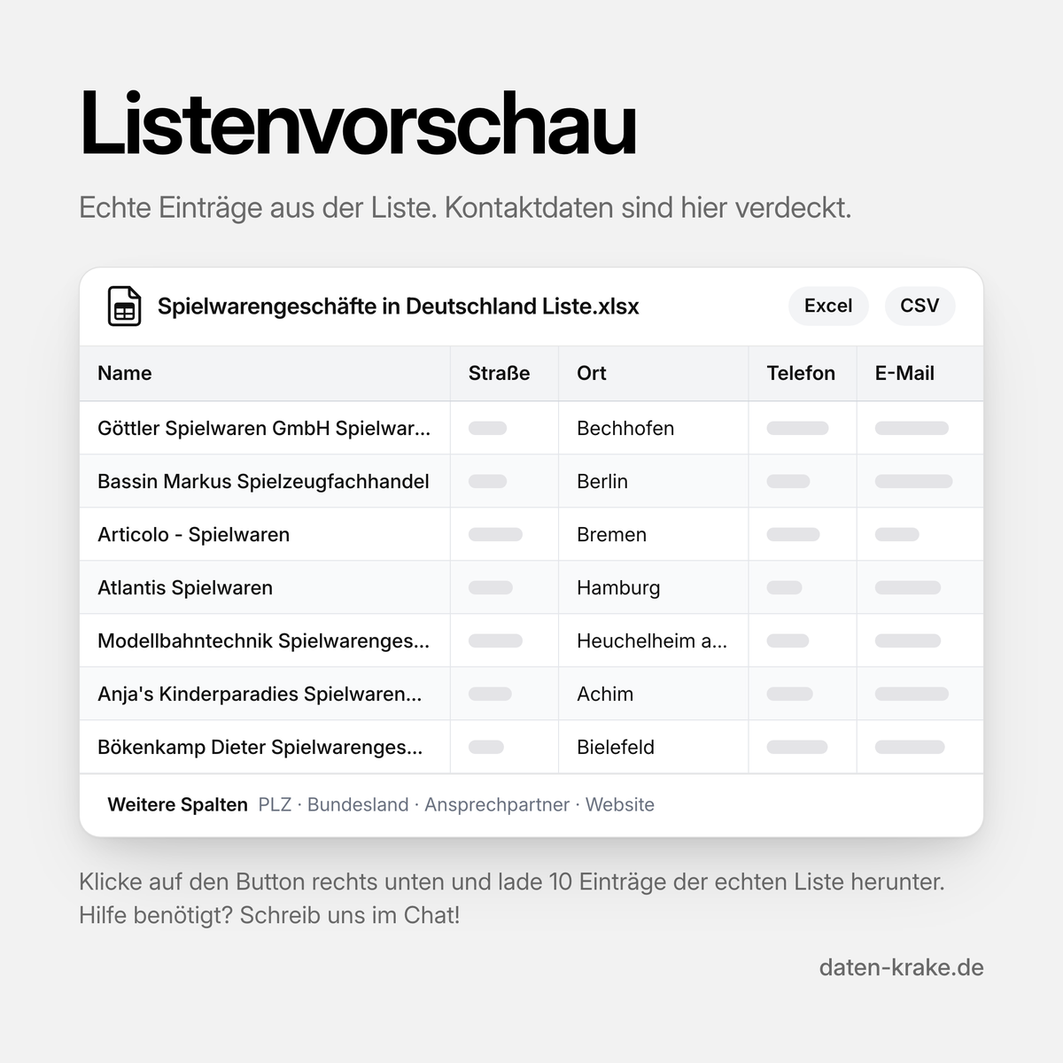 Listenvorschau der Spielwarengeschäfte in Deutschland Liste mit echten Einträgen