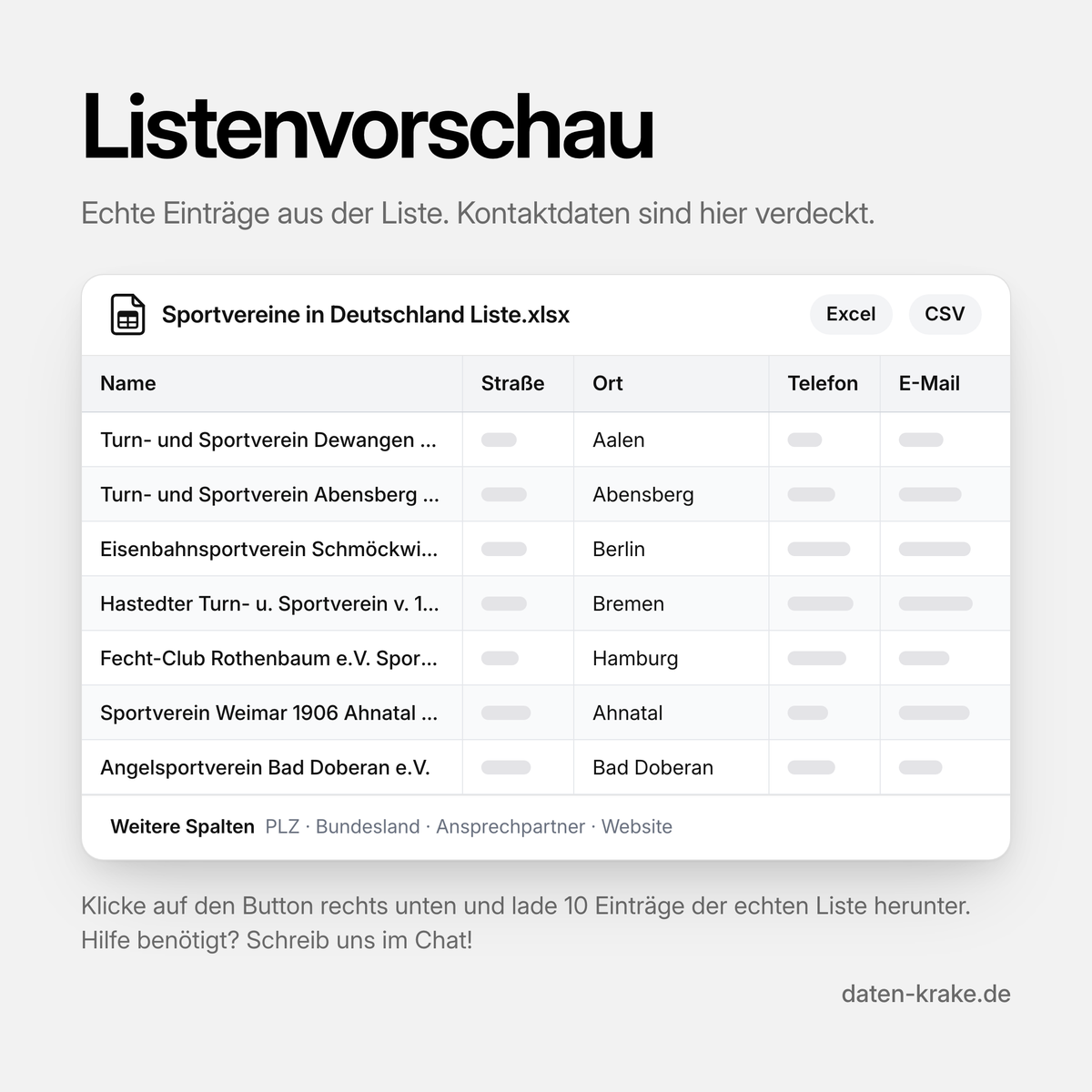 Listenvorschau der Sportvereine in Deutschland Liste mit echten Einträgen