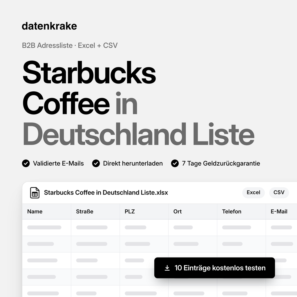Starbucks Coffee in Deutschland Liste – B2B Adressliste als Excel und CSV