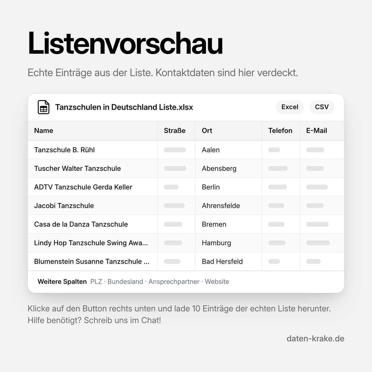 Listenvorschau der Tanzschulen in Deutschland Liste mit echten Einträgen