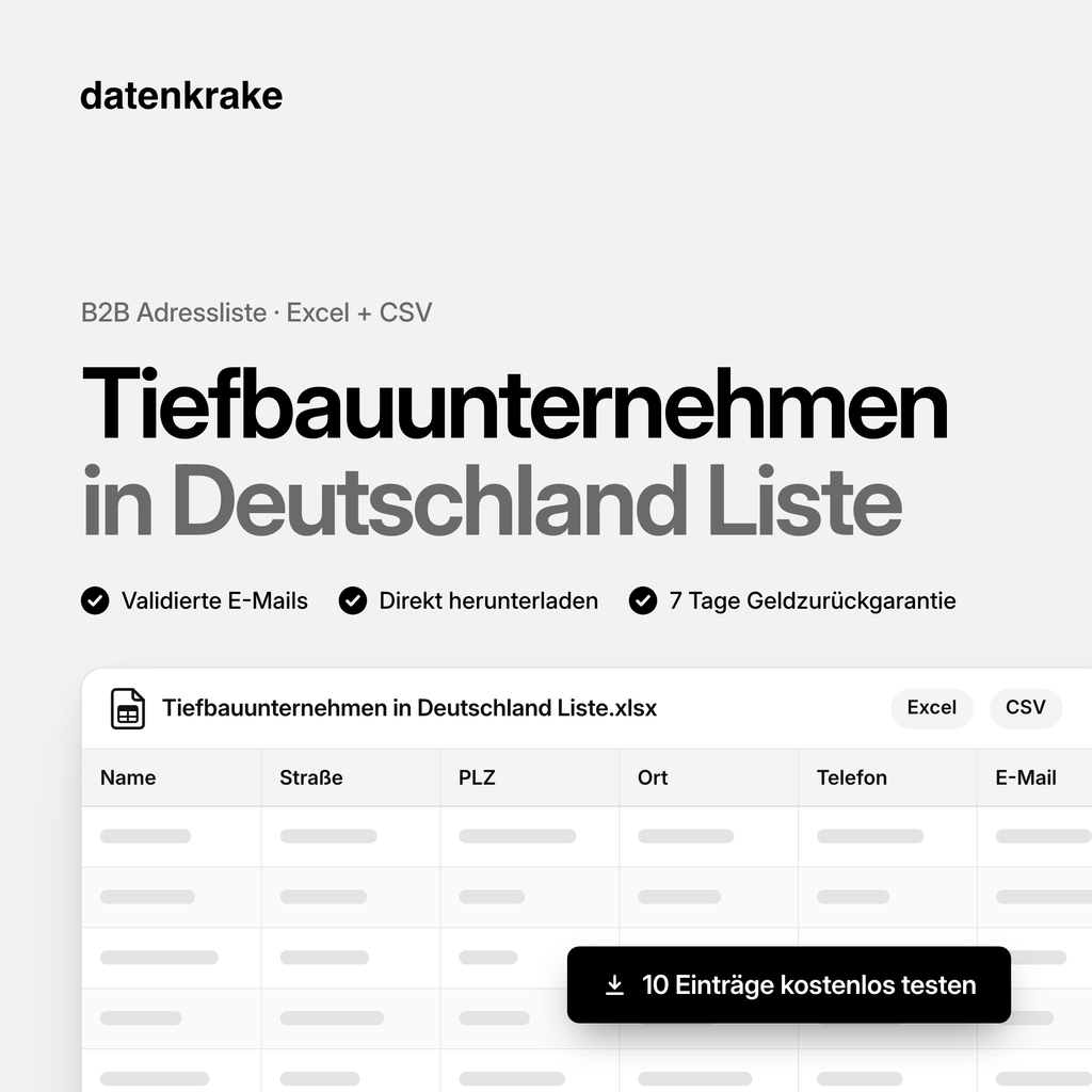 Tiefbauunternehmen in Deutschland Liste – B2B Adressliste als Excel und CSV