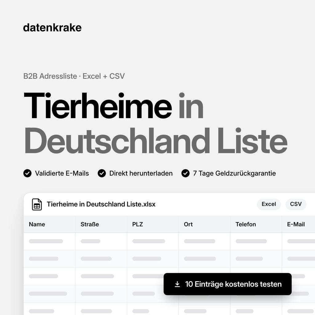 Tierheime in Deutschland Liste – B2B Adressliste als Excel und CSV