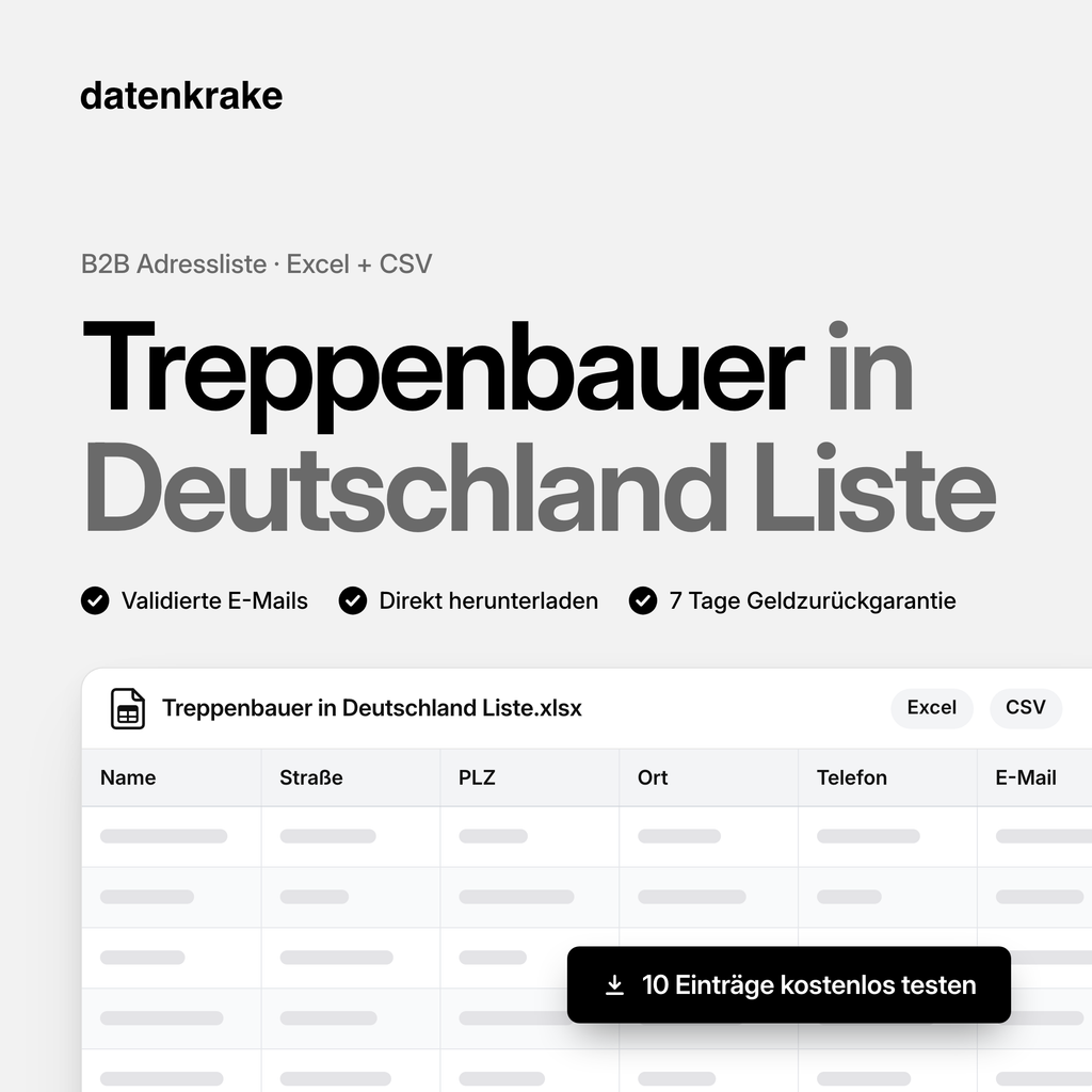 Treppenbauer in Deutschland Liste – B2B Adressliste als Excel und CSV