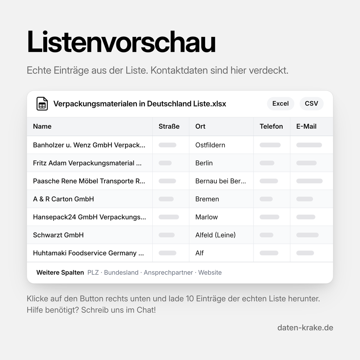 Listenvorschau der Verpackungsmaterialen in Deutschland Liste mit echten Einträgen