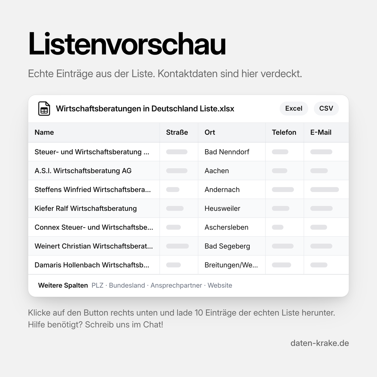 Listenvorschau der Wirtschaftsberatungen in Deutschland Liste mit echten Einträgen