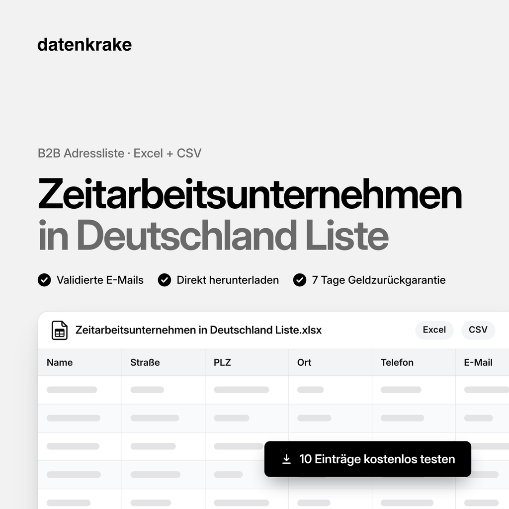 Zeitarbeitsunternehmen in Deutschland Liste – B2B Adressliste als Excel und CSV