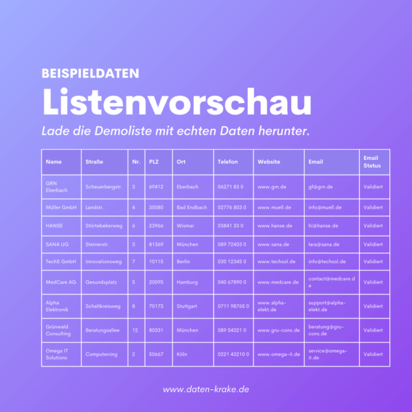 Listenvorschau Firmenadressenliste